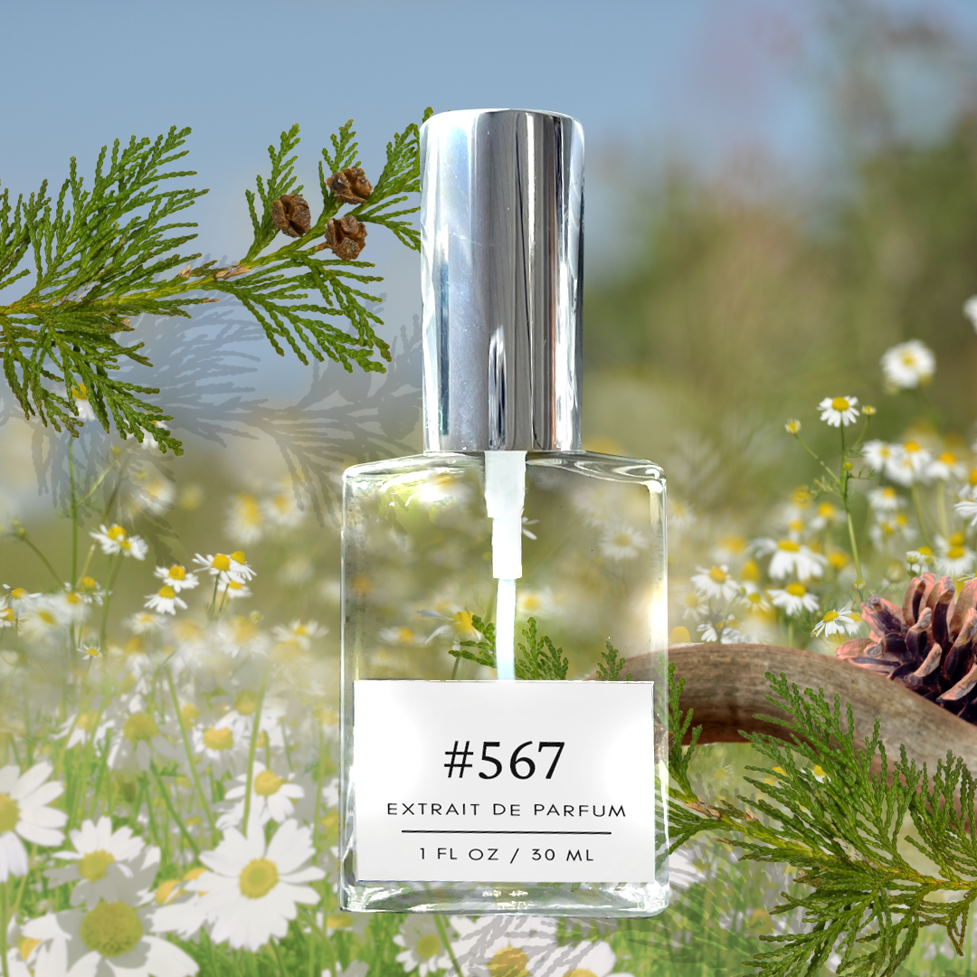  A 1 fl/30 ml bottle labeled '567 Dupe Le Labo Santal 33 Inspired Fragrance Sample Extrait de Parfum' stands against a backdrop of white flowers, pine leaves, and a pine cone, with a serene blue sky in the background.