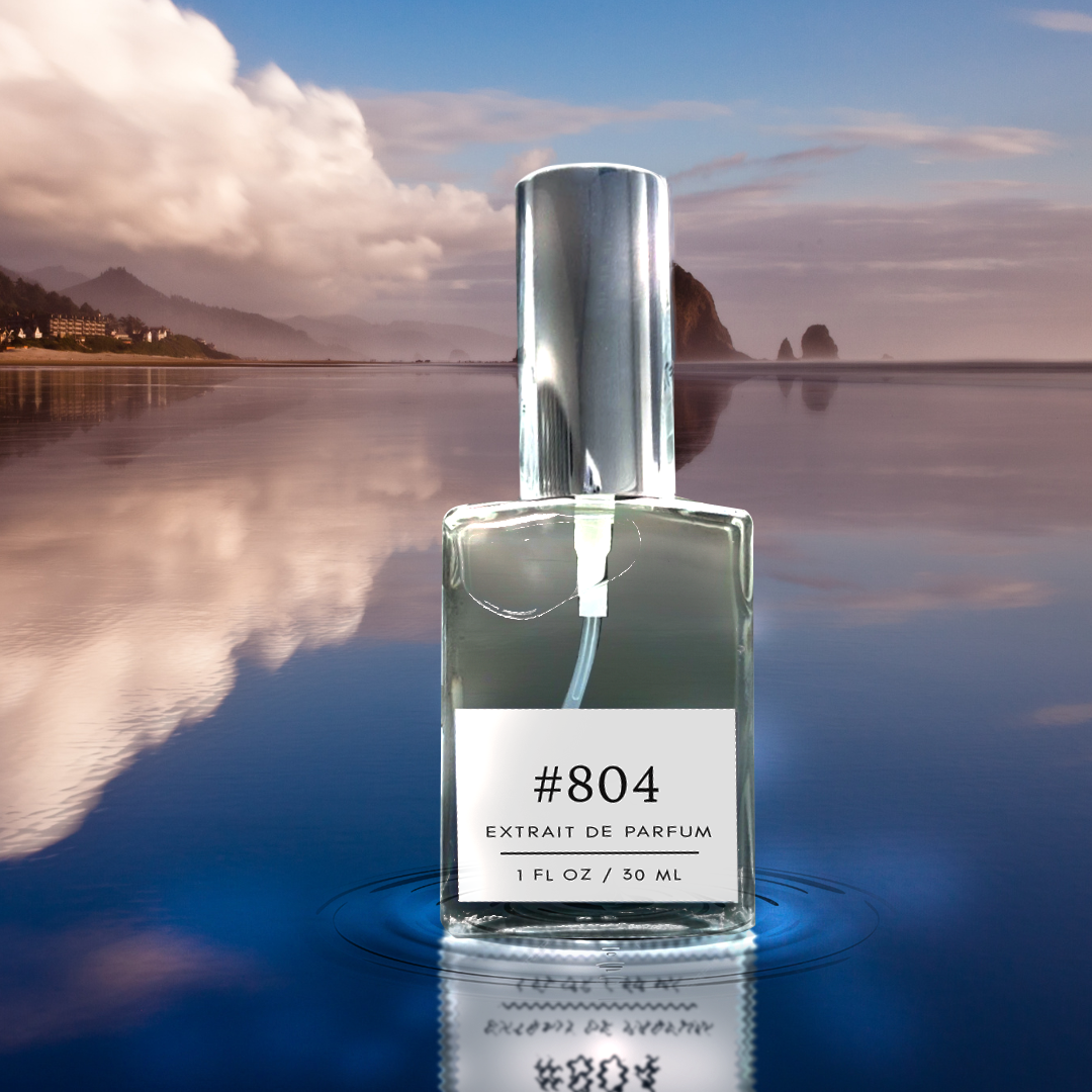 A 30ml fragrance bottle labeled 'Fragrance 804: Wood Sage & Sea Salt Dupe' inspired by Jo Malone. The bottle stands against a backdrop of ocean sunset hues, casting a serene blueish light.