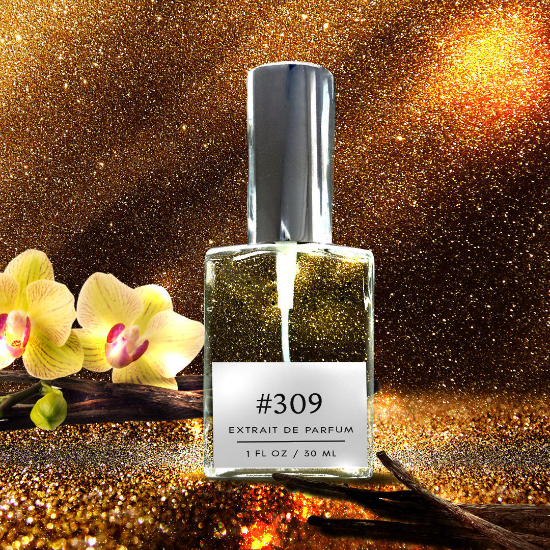 A silver-capped bottle labeled 'Vetiver Golden Vanilla Fragrance Madagascar Coast - Jo Malone Dupe 309' stands elegantly on a shimmering gold background. Behind it, yellow orchids add a pop of color, while dried vanilla pieces complement the fragrance's notes.